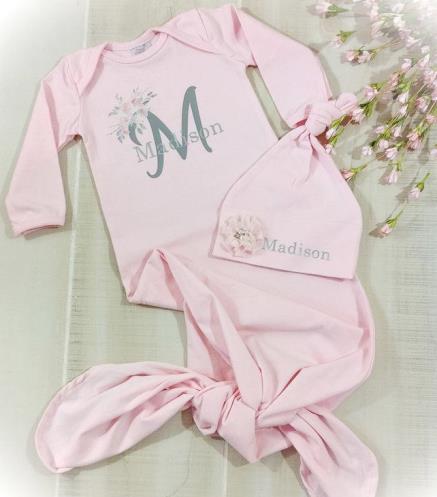 Personalized Tie Bottom Newborn Gown and Matching Hat