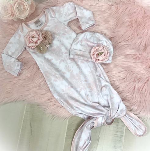 Pink Floral Couture Tie Bottom Newborn Gown with Matching Hat