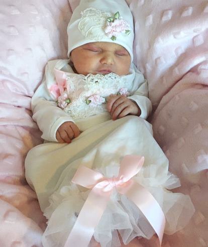 Newborn Ivory Lace Couture Ribbon Gown with Matching Hat