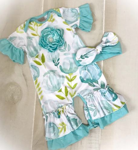 Teal Floral Ruffle Romper with Matching Headband