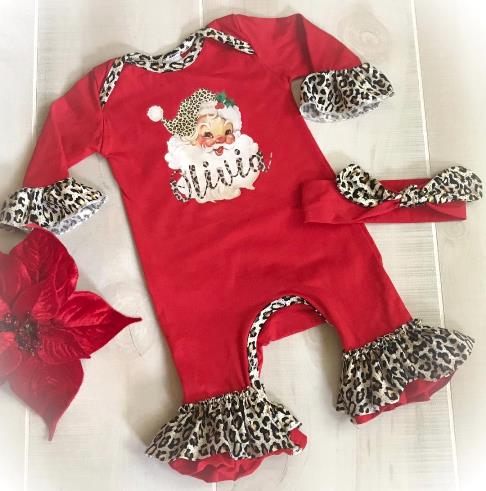 Personalized Red Santa Leopard Romper with Matching Headband
