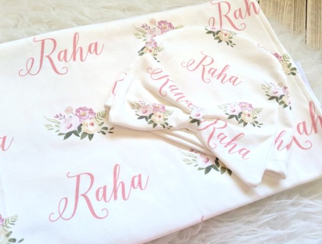 Personalized Pink Floral Swaddle Blanket