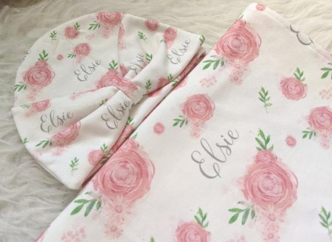Pink Floral Rose Personalized Swaddle Blanket