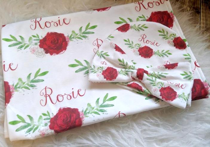 Red Rose Personalized Swaddle Blanket