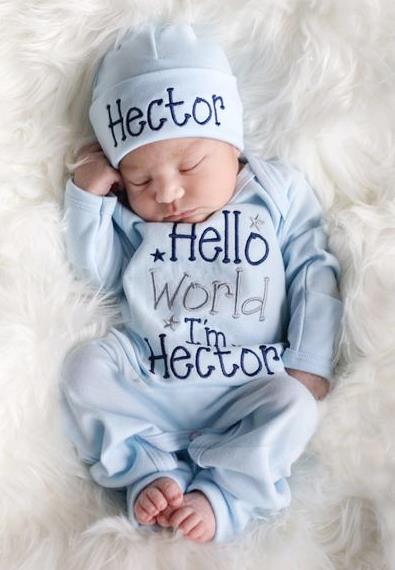 Boys Navy, Blue & Gray Hello World Personalized Newborn Romper with Matching Hat