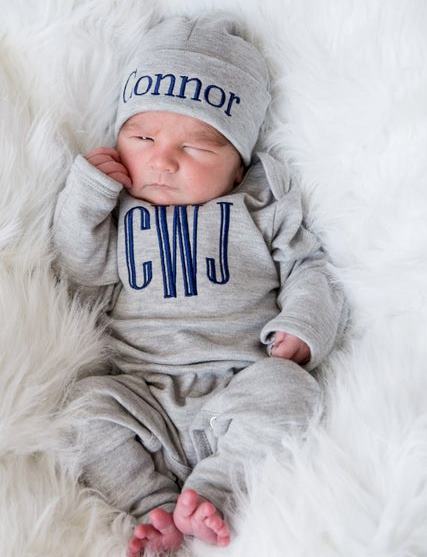 Boys Gray & Navy Personalized Newborn Romper with Matching Hat