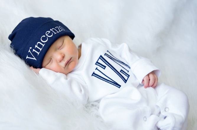 Boys White & Navy Personalized Newborn Romper with Matching Hat