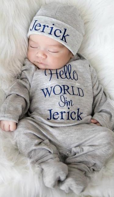 Boys Grey Hello World Personalized Newborn Romper with Matching Hat