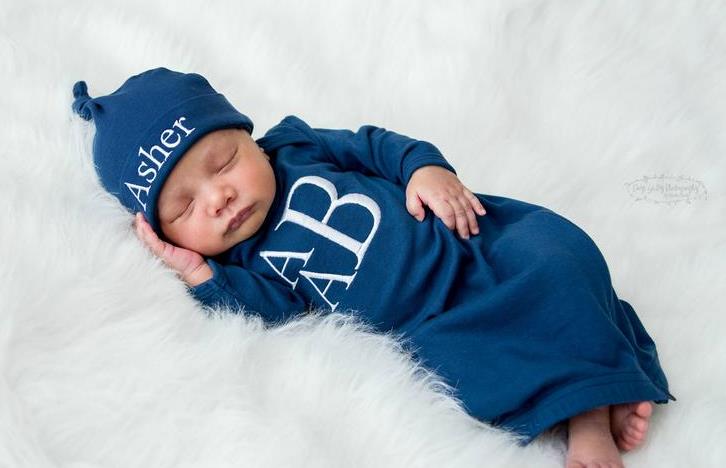 Boys Navy Personalized Newborn Gown and Matching Hat