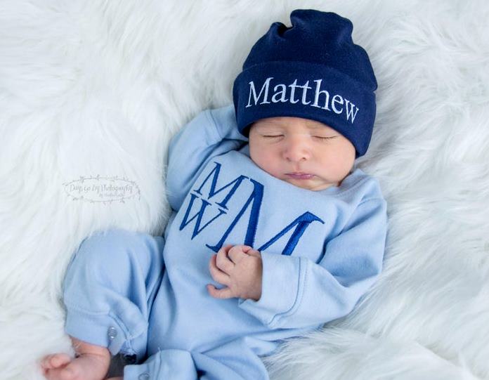 Boys Blue & Navy Personalized Newborn Romper with Matching Hat