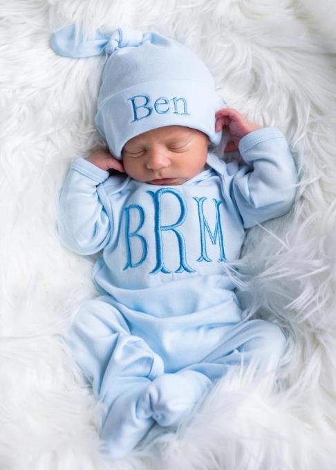Boys Baby Blue Personalized Newborn Romper with Matching Tie Hat