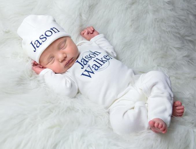 Boys White, Navy & Gray Personalized Newborn Romper with Matching Hat