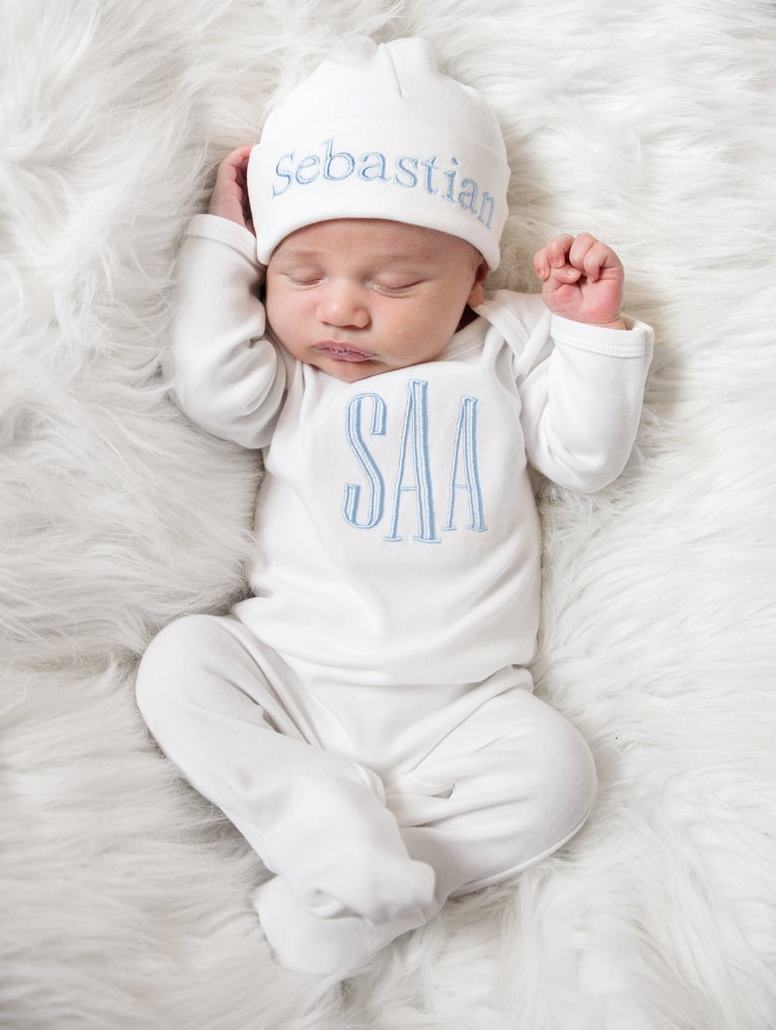 Boys White & Baby Blue Newborn Personalized Romper with Matching Hat