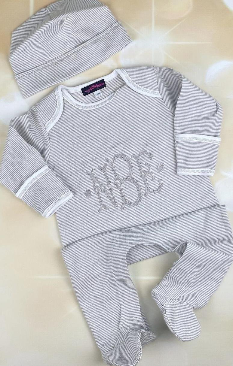 Boys Gray Striped Personalized Newborn Romper with Matching Hat
