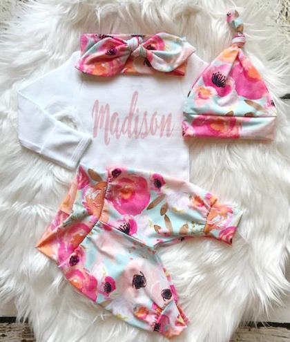 Personalized Bright Floral Newborn Outfit