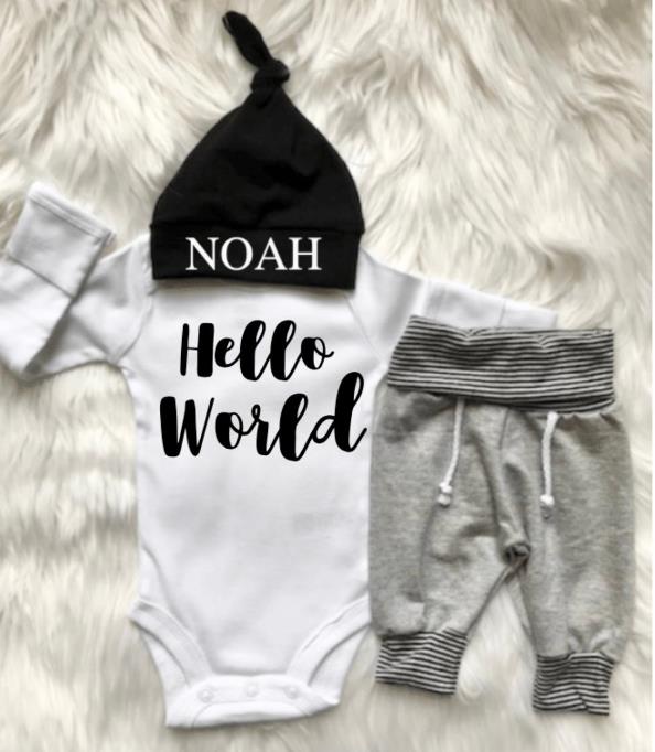 Newborn Boys Hello World Personalized Jogger Outfit with Matching Hat