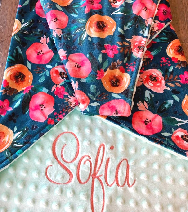 Baby Girl Summer Bright Floral Personalized Teal Minky Blanket