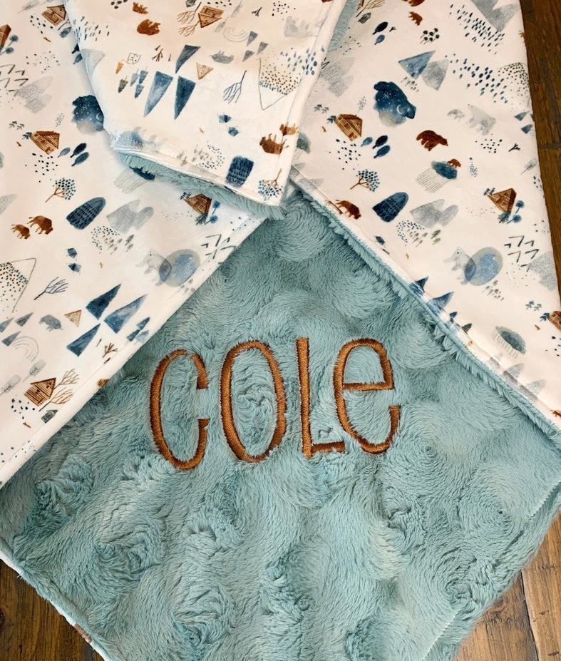 Baby Boys Teal Blue Mountains Personalized Minky Blanket