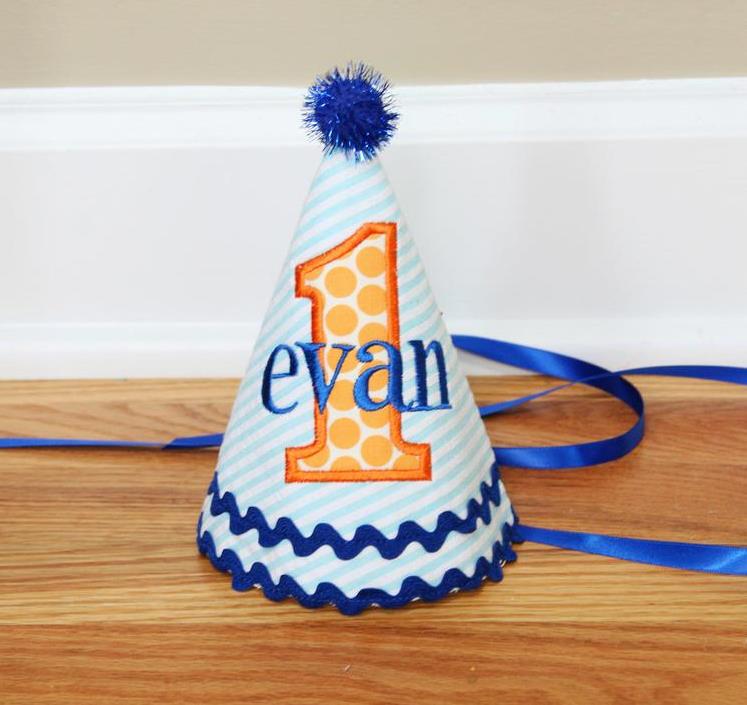 Blue & Orange Personalized Baby Boys 1st Birthday Party Hat