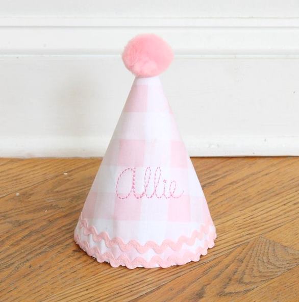 Pink Gingham Personalized First Party Hat