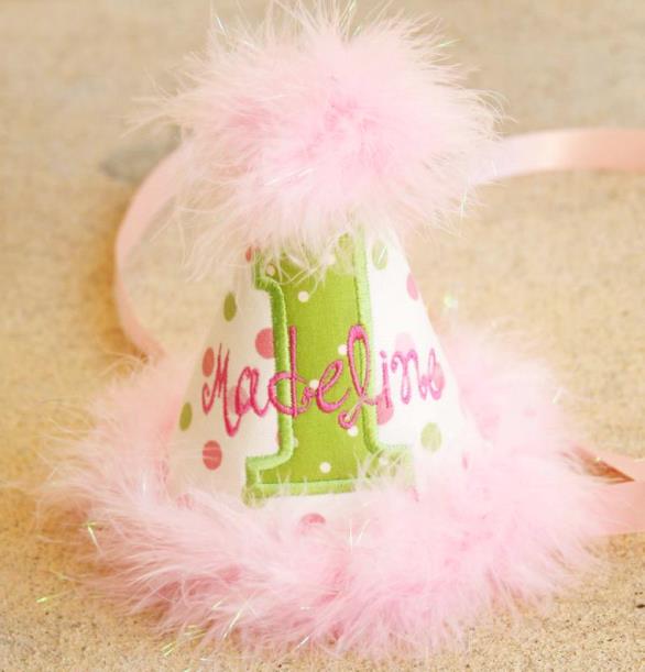 Pink & Green Polka Dot Personalized Sparkle Feather Birthday Hat