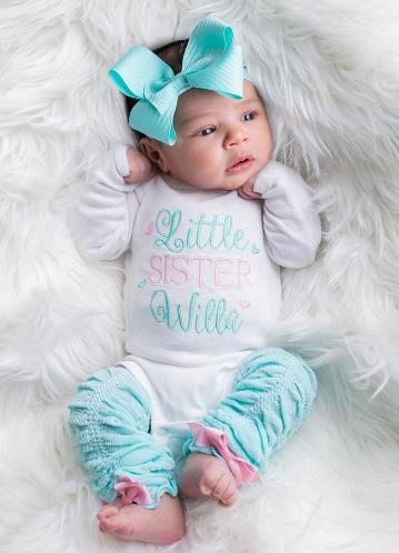 Aqua & Pink Personalized Newborn Little Sister Outfit