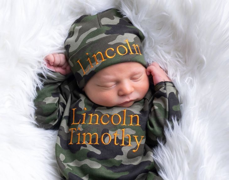 Baby Boys Personalized Camo & Orange Romper with Matching Hat