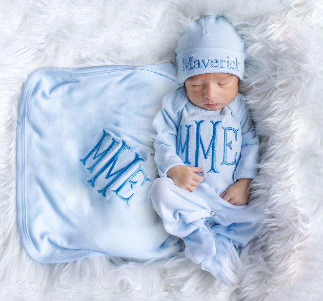 Personalized Newborn Boys Blue Romper and Matching Hat Set