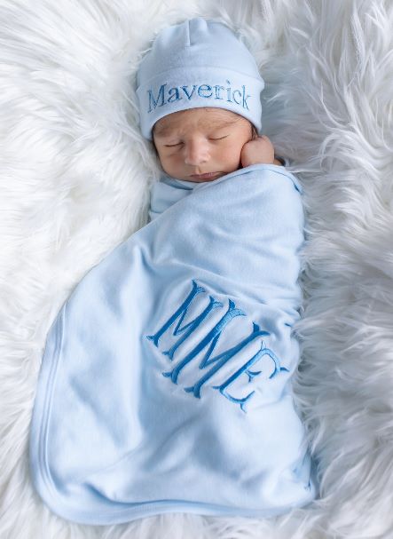 Personalized Newborn Boys Blue Romper and Matching Hat Set