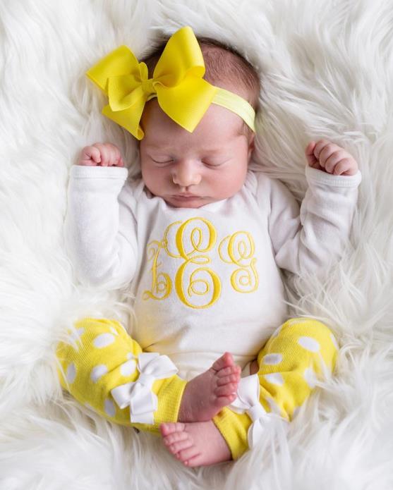 Yellow & White Monogrammed 4pc. Bodysuit Leg Warmers and Headband Outfit Set