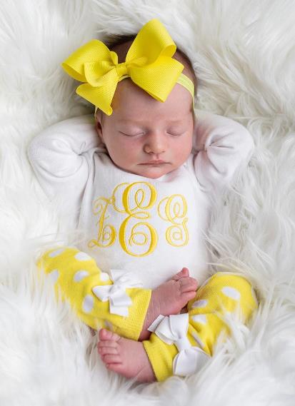 Yellow & White Monogrammed 4pc. Bodysuit Leg Warmers and Headband Outfit Set