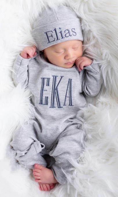 Boys Grey Newborn Monogrammed Romper with Matching Hat