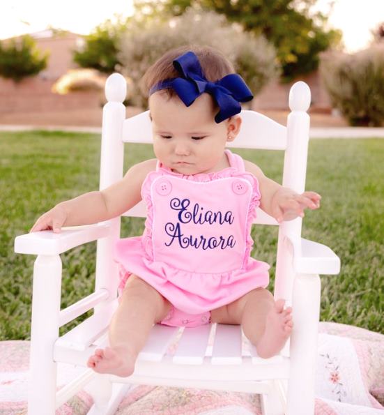Pink & Navy Blue Personalized Ruffle Romper with Matching Headband