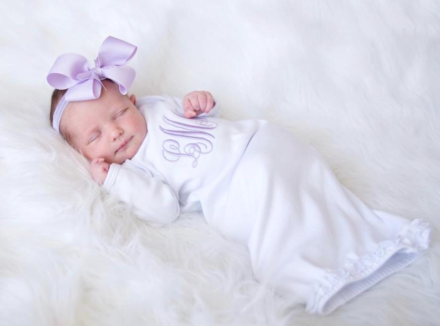 White & Lavender Monogrammed Ruffle Gown with Matching Headband