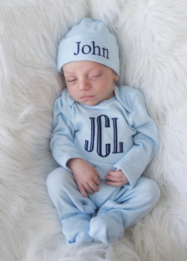 Boys Baby Blue & Navy Monogrammed Newborn Outfit with Matching Hat