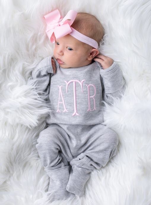 Gray & Pink Monogrammed Romper with Matching Headband