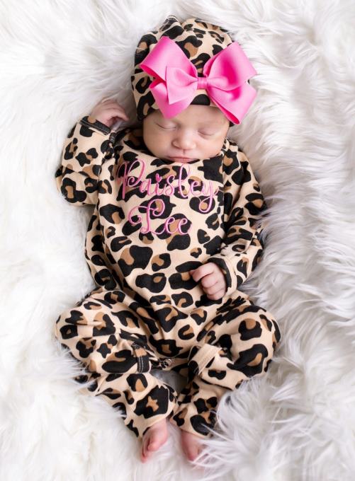 Personalized Leopard & Hot Pink Romper with Matching Hat