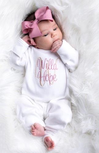 New Baby Girl Embroidery Personalized White Footie One Piece Romper with Pink Gingham Coming Home Outfit 