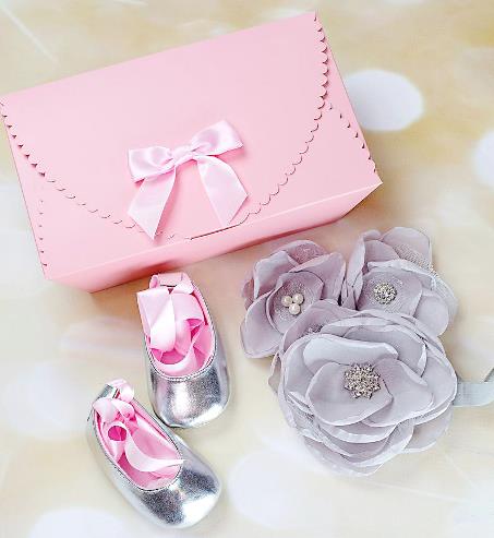 Silver & Pink Crib Shoes with Matching Flower Headband Gift Set