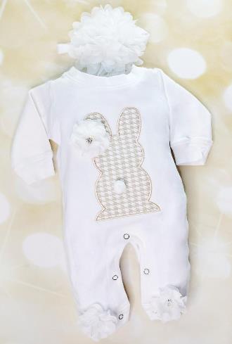 White & Oatmeal Easter Bunny Romper with Matching Headband