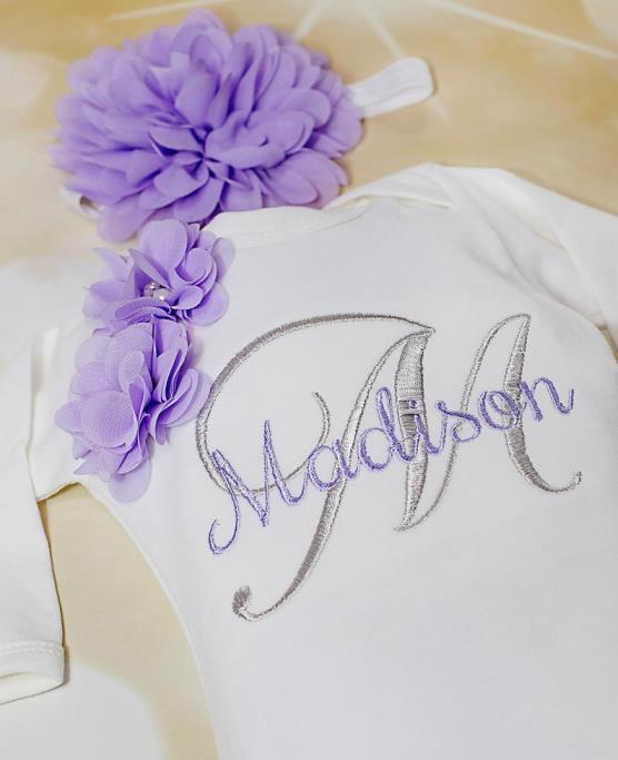 White Personalized Flower Gown with Matching Headband