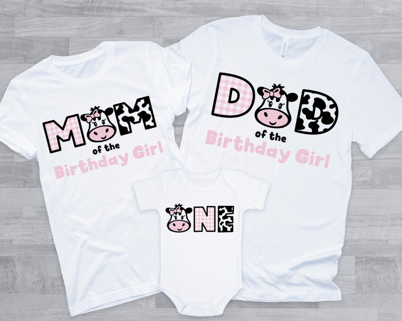 Farmhouse Pink Cow ONE Family 1st Birthday Shirts for Baby Girl