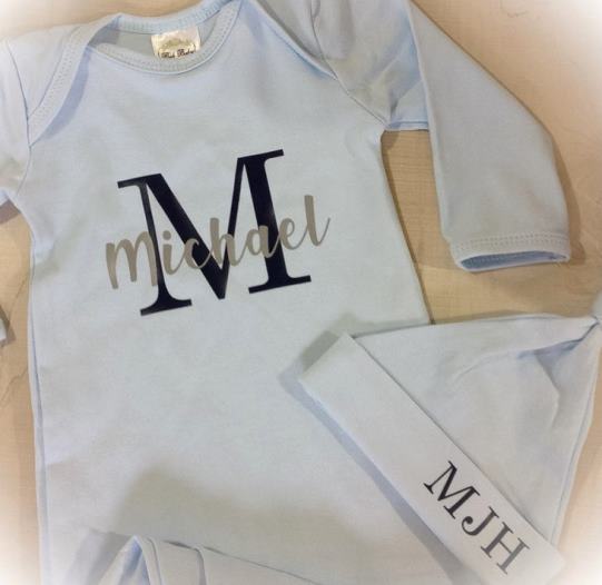Boys Baby Blue & Navy Personalized Tie Bottom Gown with Hat