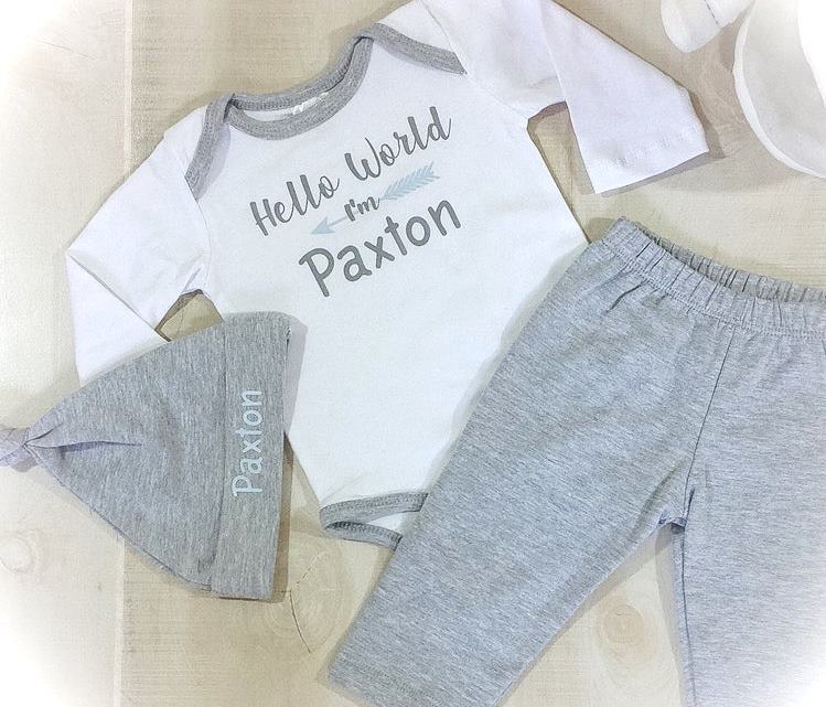 Boys Hello World Gray & Baby Blue Personalized Pants Set