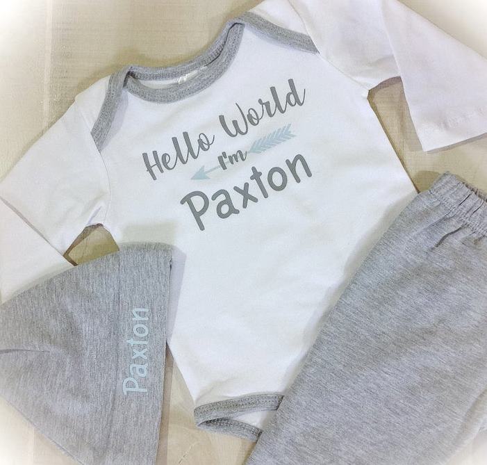 Boys Hello World Gray & Baby Blue Personalized Pants Set