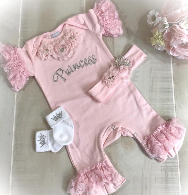 Pink Princess Couture Lace Ruffle Romper with Matching Headband