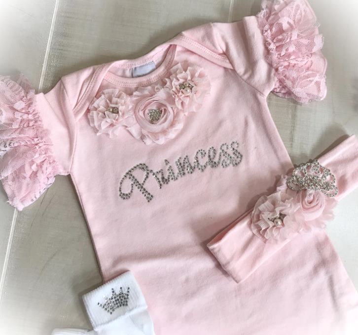 Pink Princess Couture Lace Ruffle Romper with Matching Headband