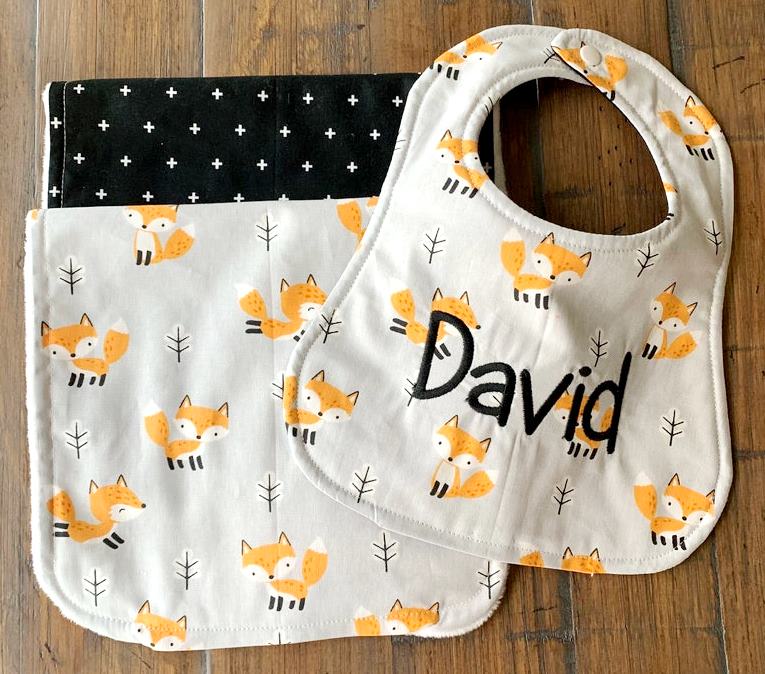 Baby Boy Personalized Little Foxes Bib & Burp Cloth Gift Set
