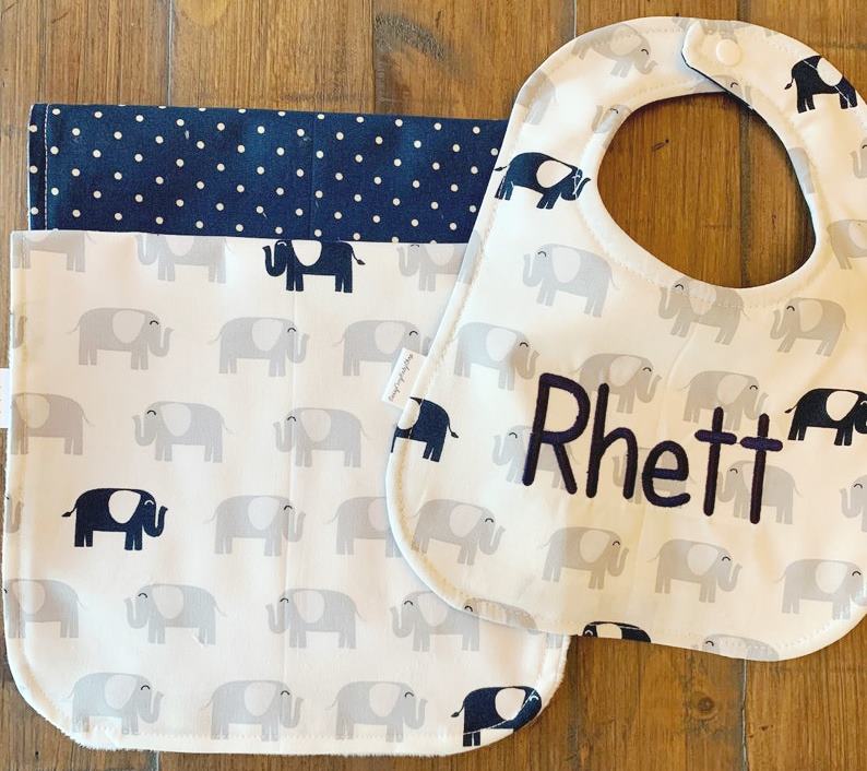 Baby Boy Personalized Blue Elephant Bib & Burp Cloth Gift Set