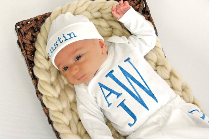 Boys White & Blue Personalized Jogger Pants Set with Hat